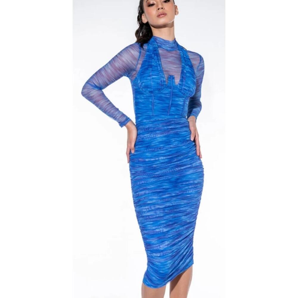 AKIRA Aqua Babe Blue Mesh Ruched Midi Dress Size Small - Picture 4 of 16